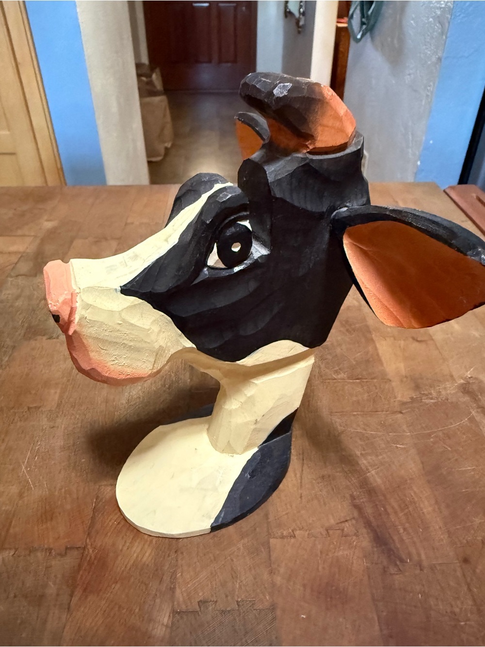 Black and White novelty decorative cow, eyeglass holder carved wood